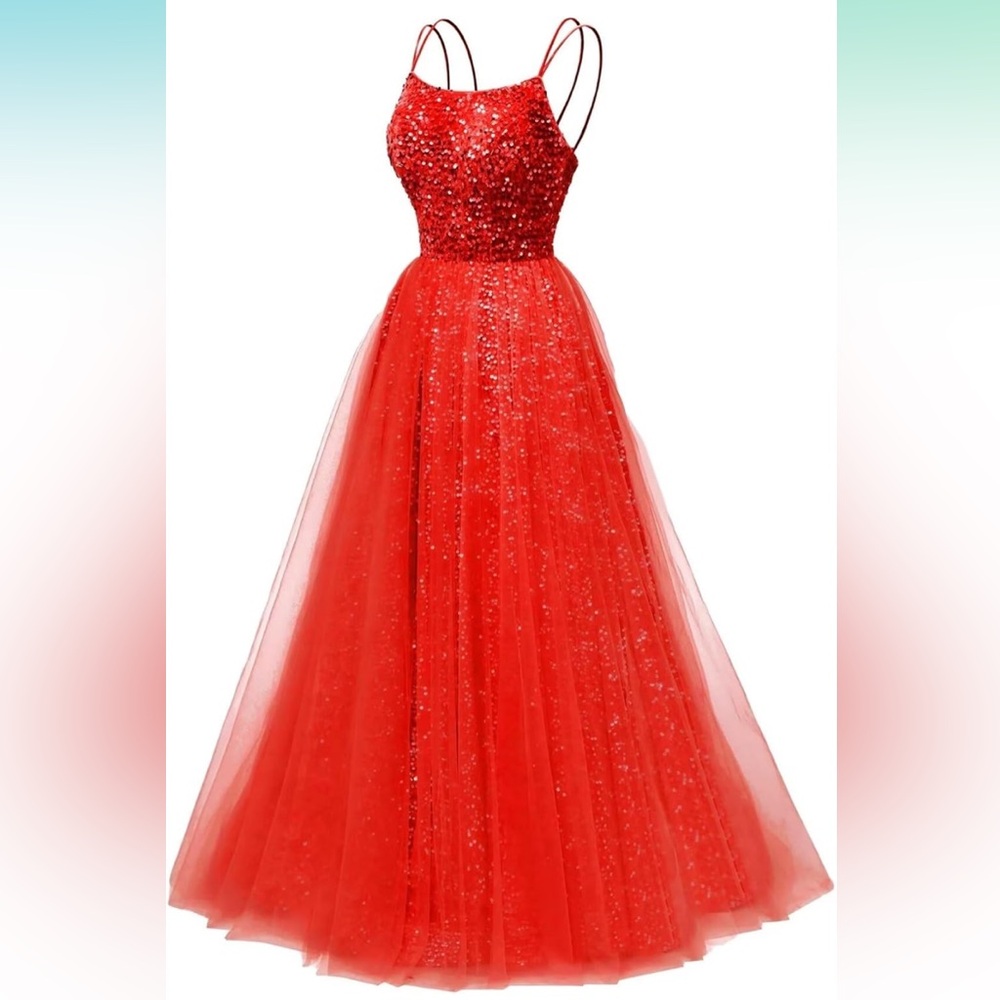 Beautiful Women Formal Dress Long Spaghetti Strap Glitter Sequin Ball Dress.